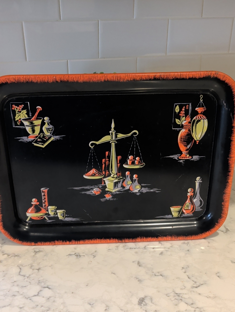 Vintage Black Serving Tray with Orange and Yellow Apothecary Motif